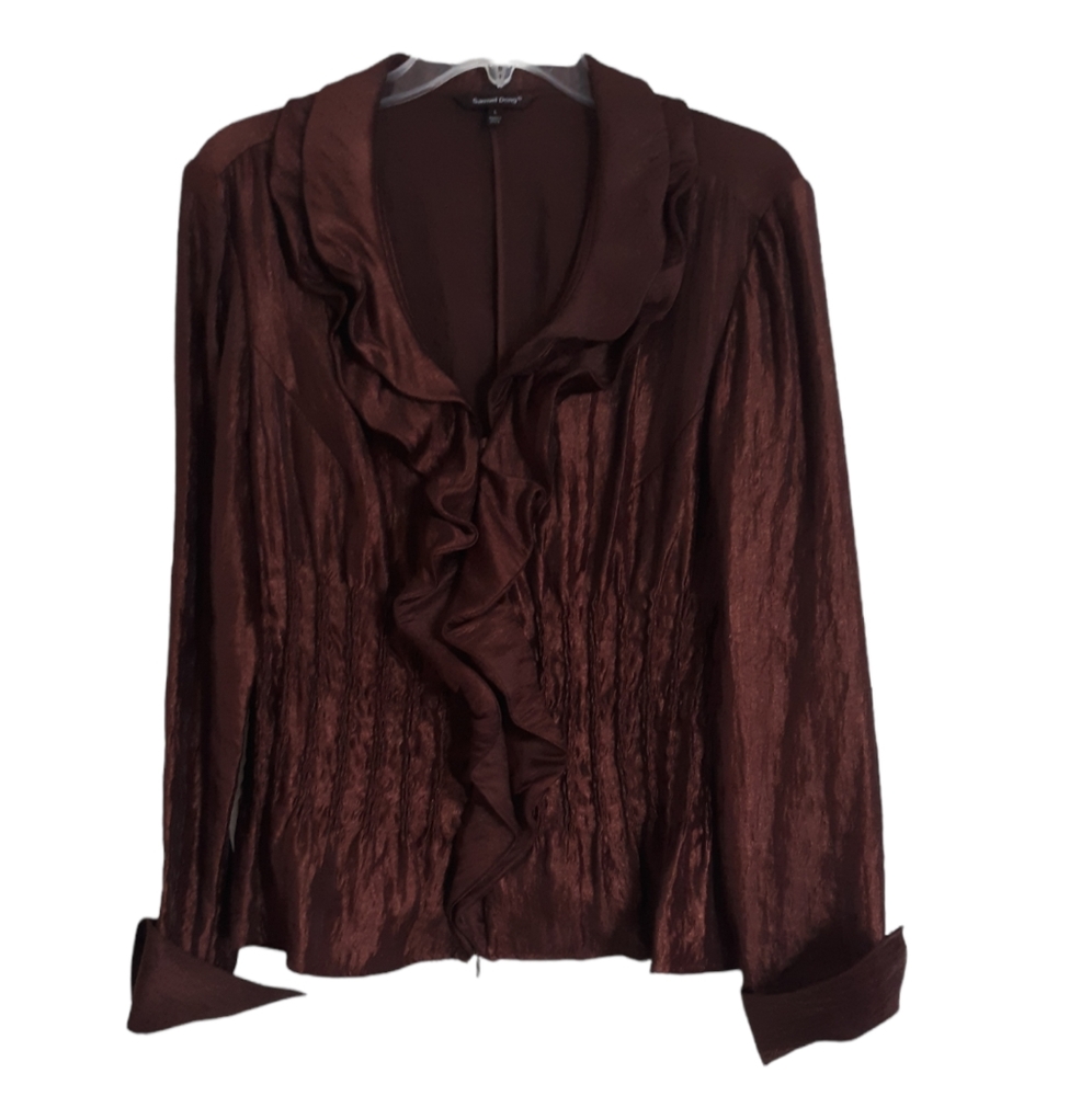 Samuel Dong Large Metallic Brown Half Zip Taffeta Ruffle Top
